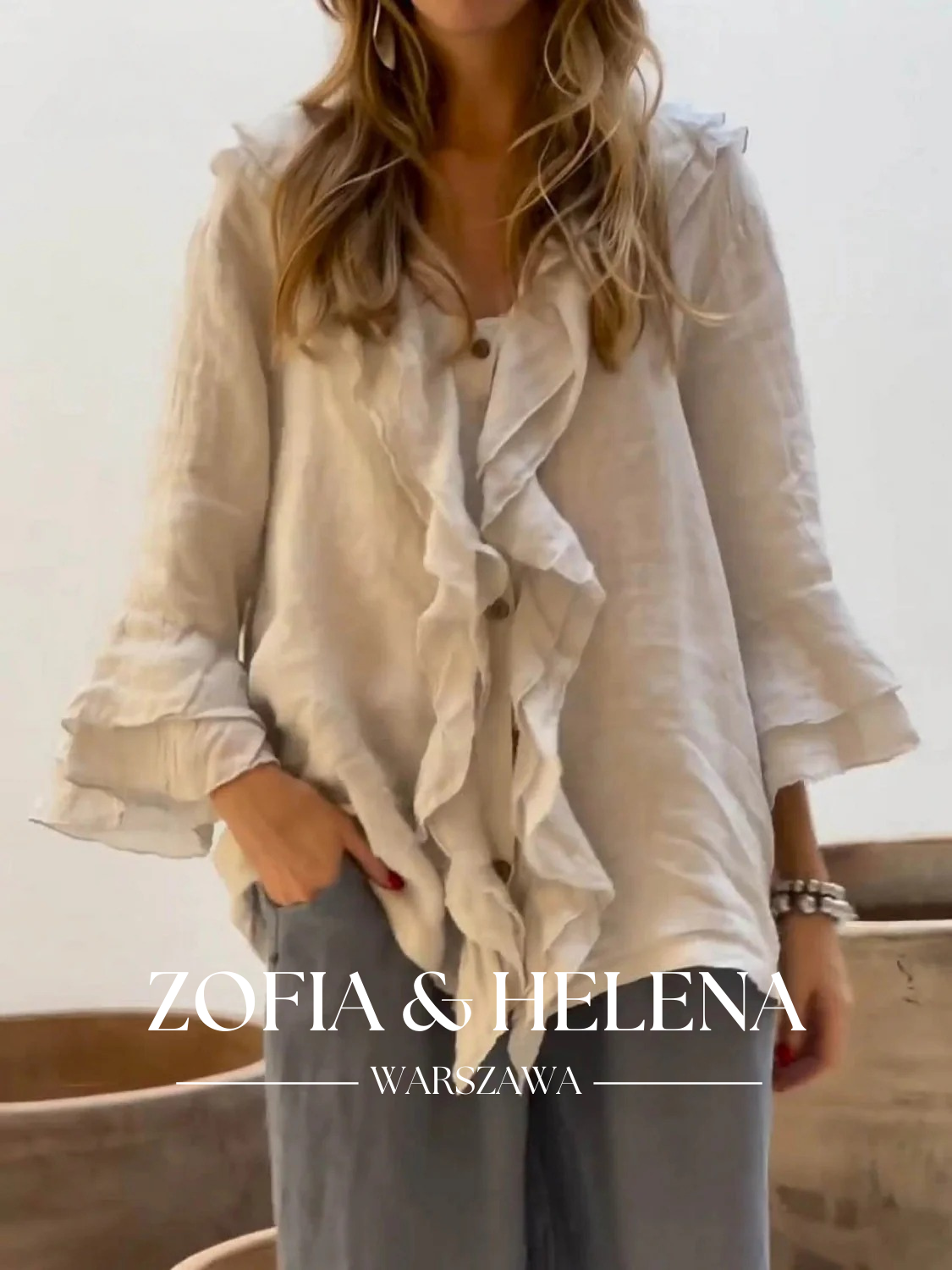 Koszula damska z falbanami, casualowa, z rękawami 3/4