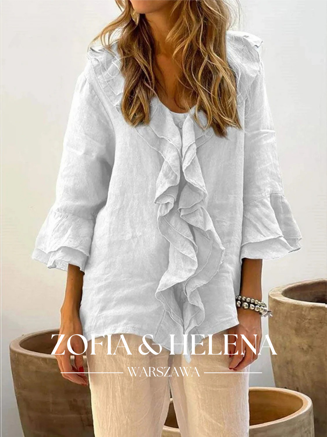 Koszula damska z falbanami, casualowa, z rękawami 3/4