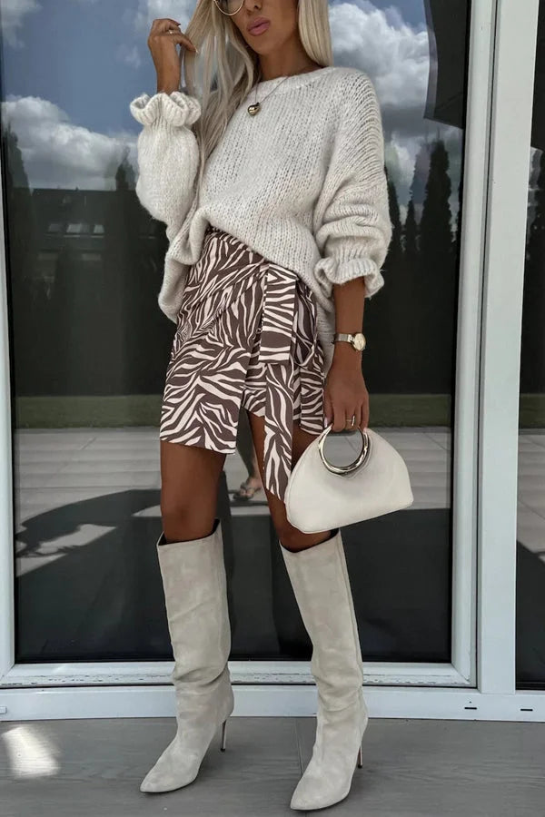 Jednolity kolor okrągły dekolt falbaniasty długi rękaw dzianinowy sweter