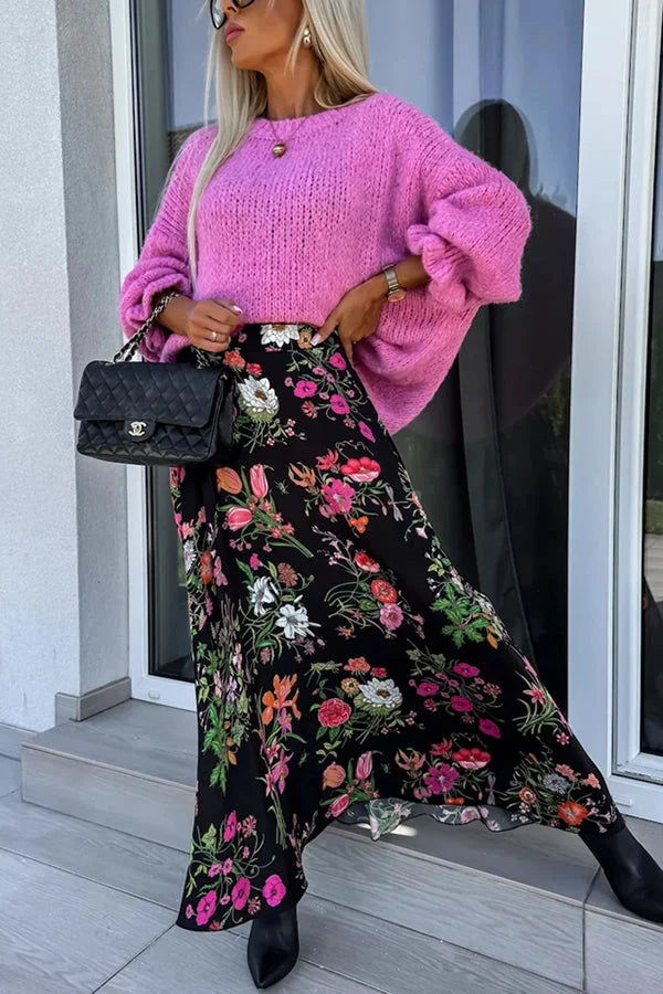 Jednolity kolor okrągły dekolt falbaniasty długi rękaw dzianinowy sweter