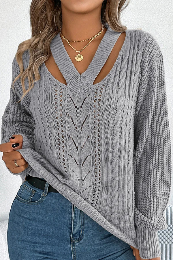 Casual Hollow V-neck Długi rękaw Dzianinowy Sweter
