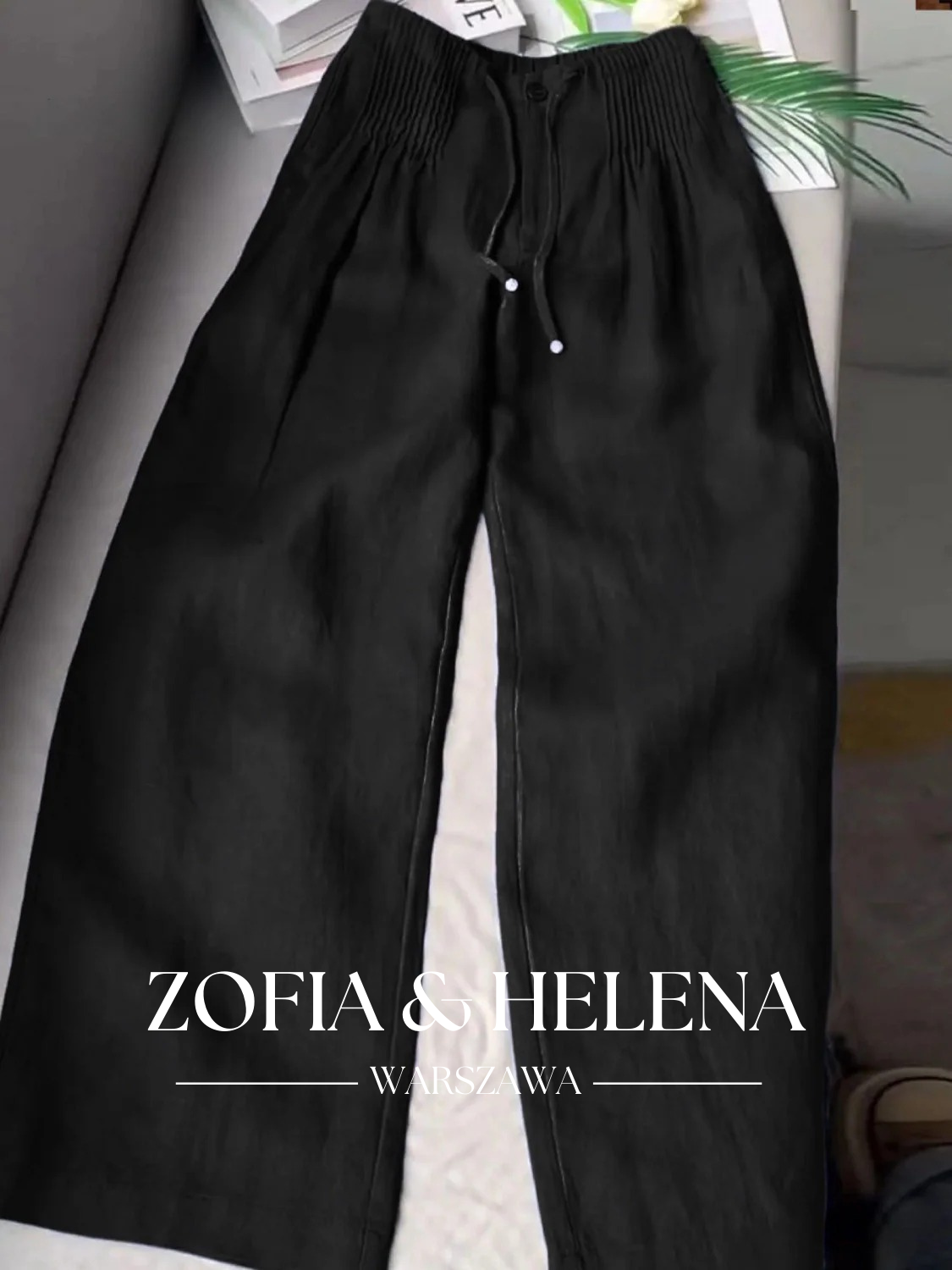 Damskie Spodnie w Jednolitym Kolorze z Plisami i Sznurkiem, Szerokie Nogawki