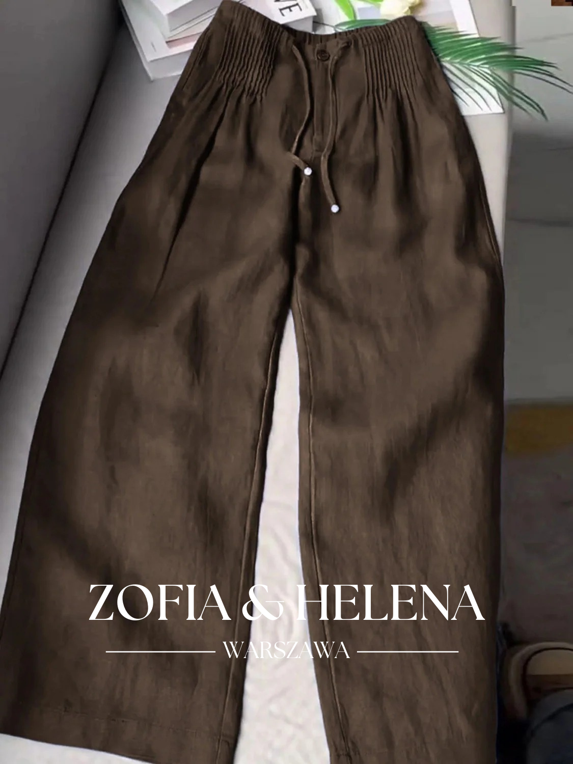 Damskie Spodnie w Jednolitym Kolorze z Plisami i Sznurkiem, Szerokie Nogawki