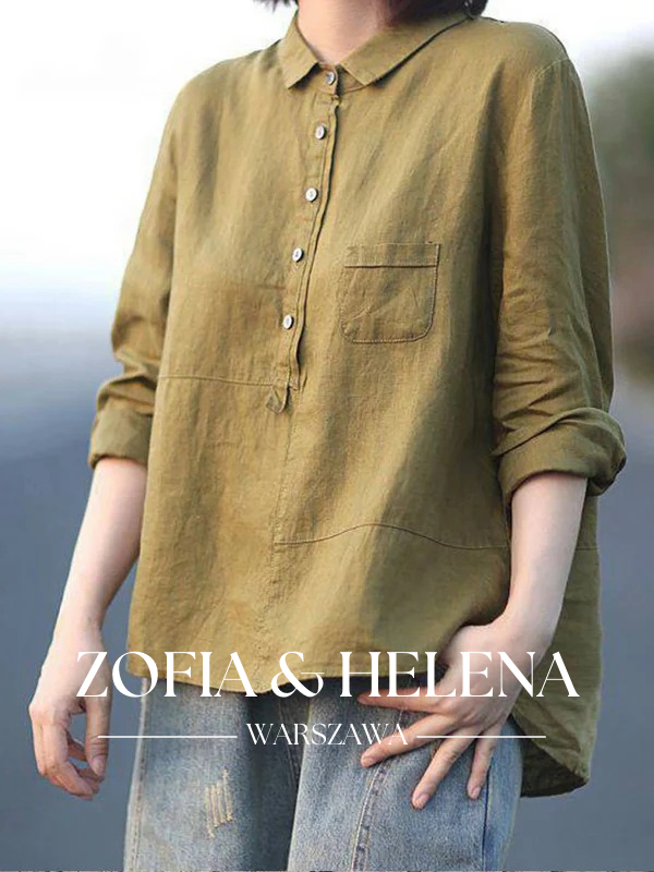 Koszula damska z kołnierzykiem, casualowa, w jednolitym kolorze, z bawełny i lnu, z długim rękawem