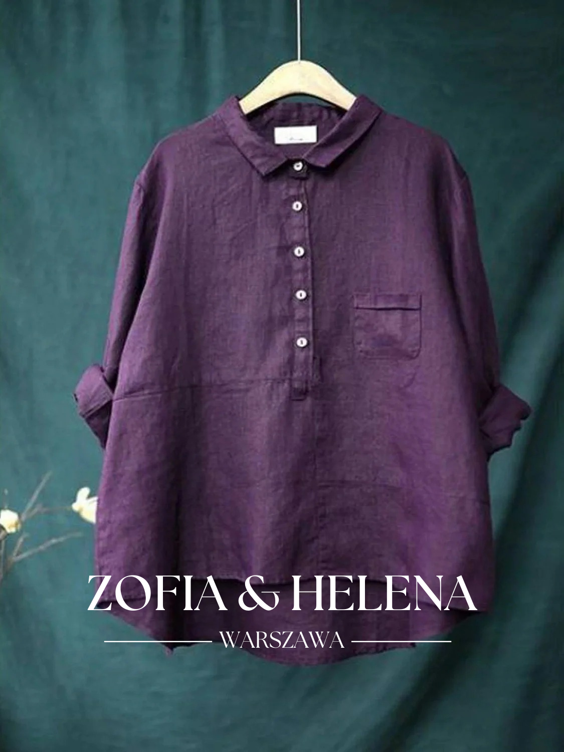 Koszula damska z kołnierzykiem, casualowa, w jednolitym kolorze, z bawełny i lnu, z długim rękawem