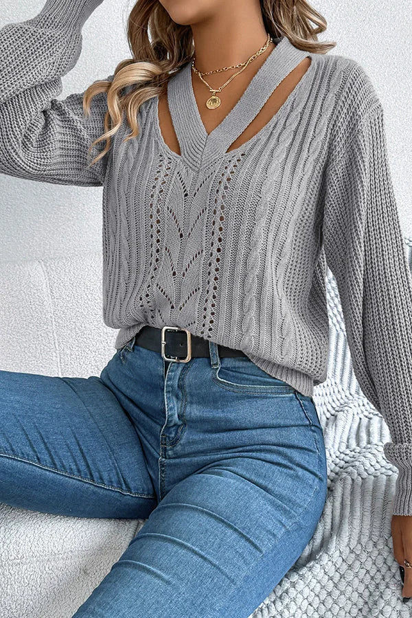 Casual Hollow V-neck Długi rękaw Dzianinowy Sweter