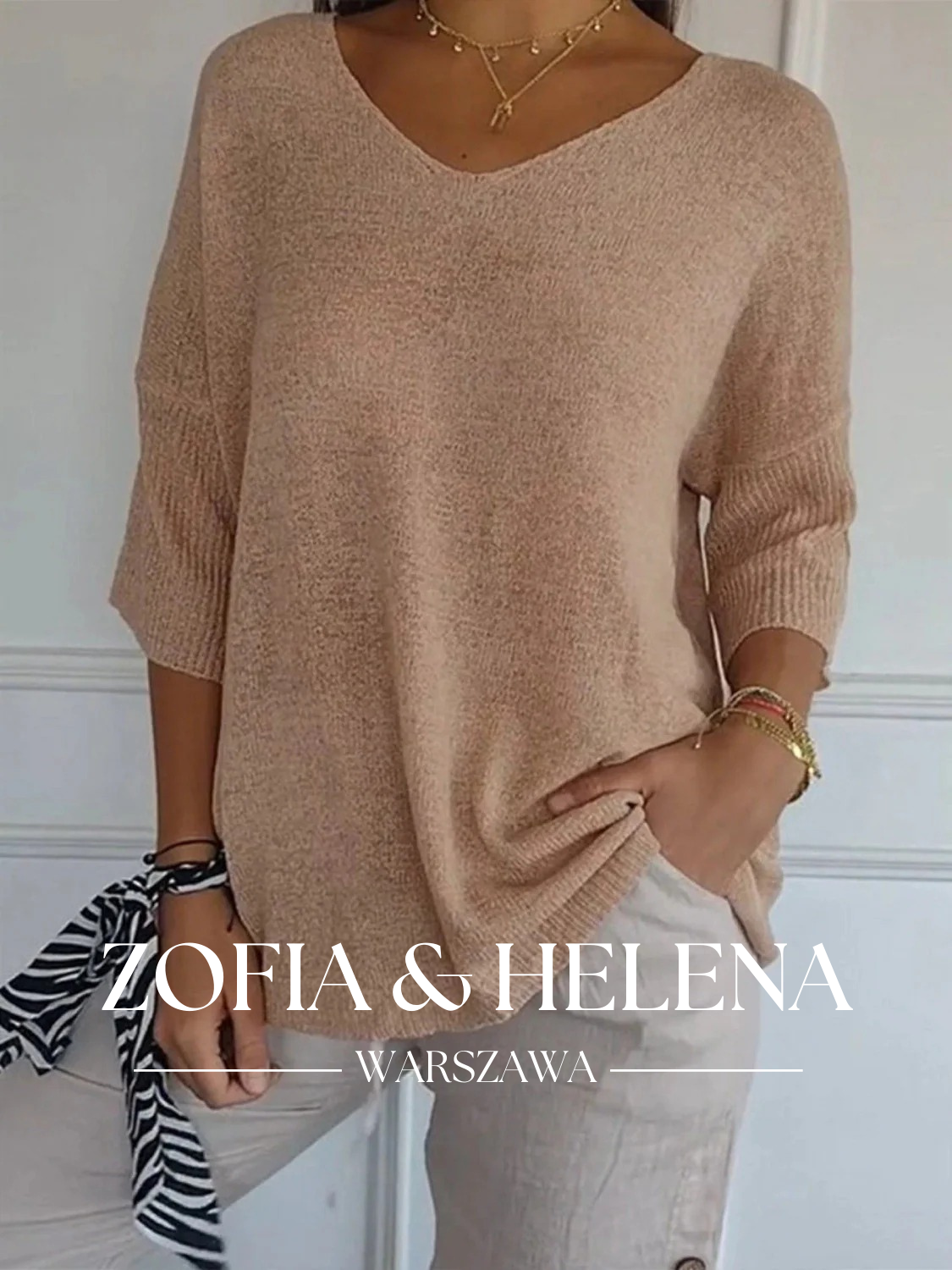 Damska bluzka dzianinowa z dekoltem w serek i rękawem 3/4 w jednolitym kolorze