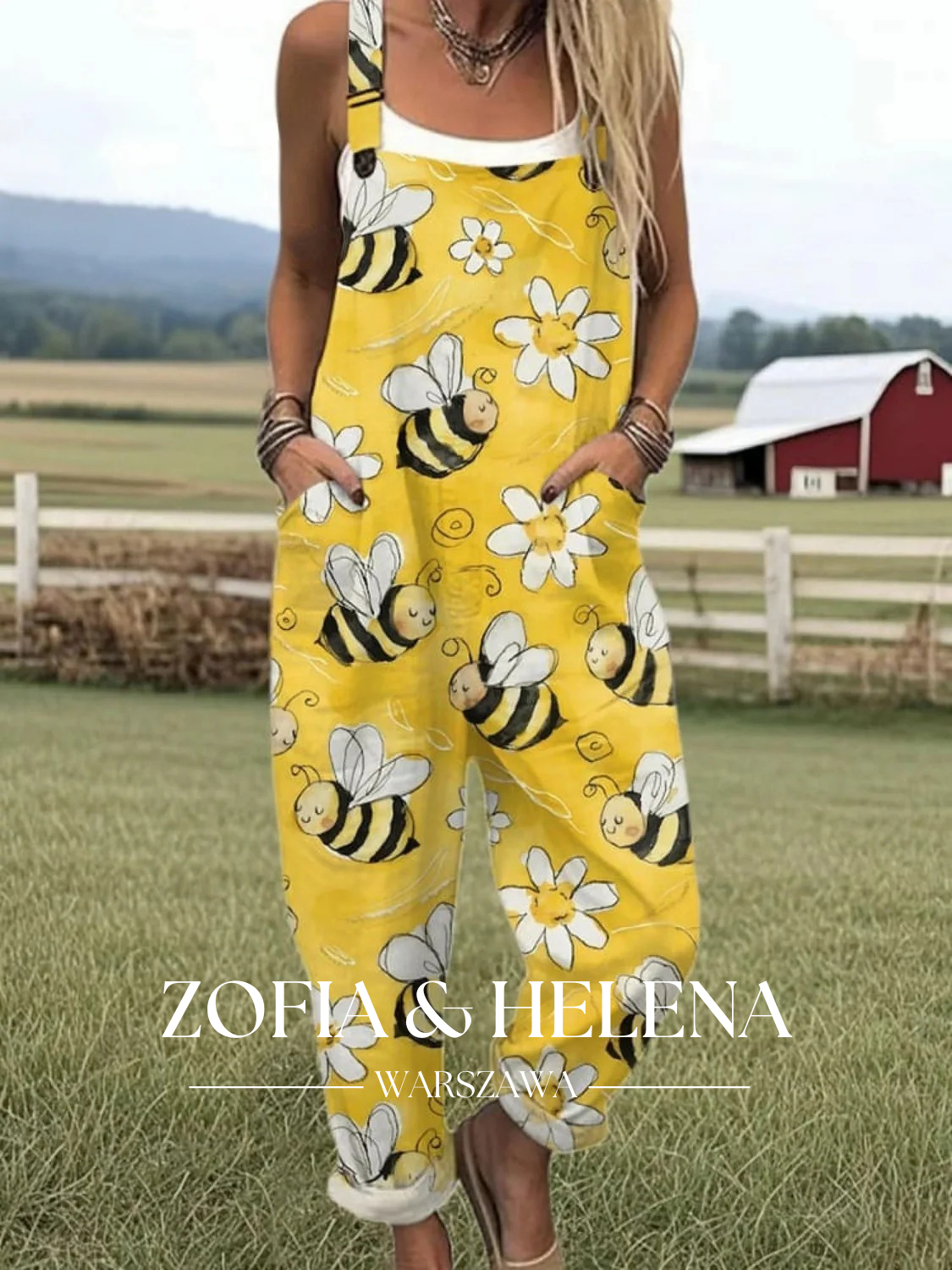 Kobiece Kombinezon w Wzór Pszczół Latających Casual Szerokie Nogawki