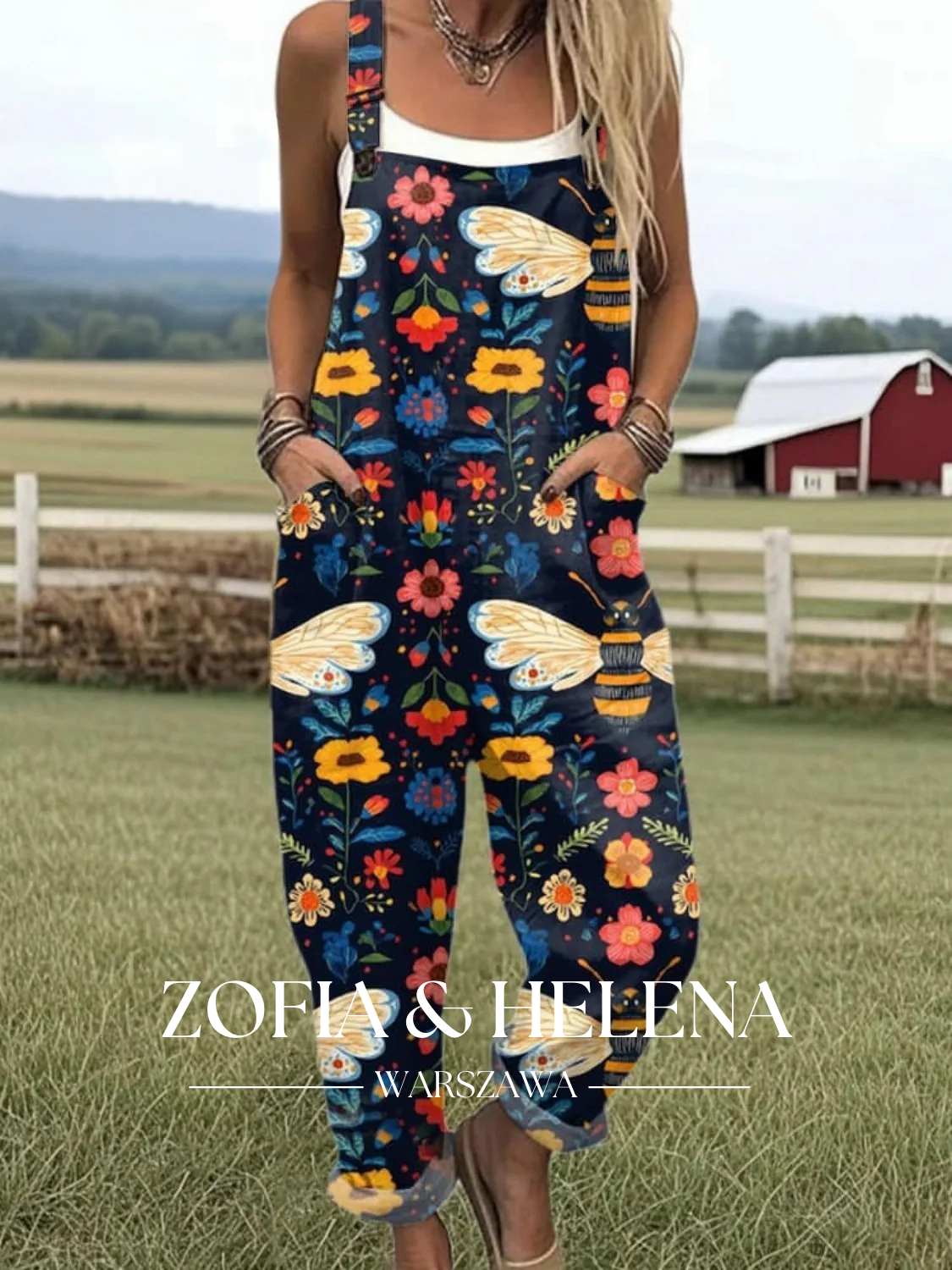 Kobiece Kombinezon w Wzór Pszczół Latających Casual Szerokie Nogawki