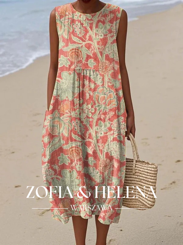 Kobiecą Vintage Kwiatowy Wzór Plakat Sukienka bez Rękawów z Kieszeniami