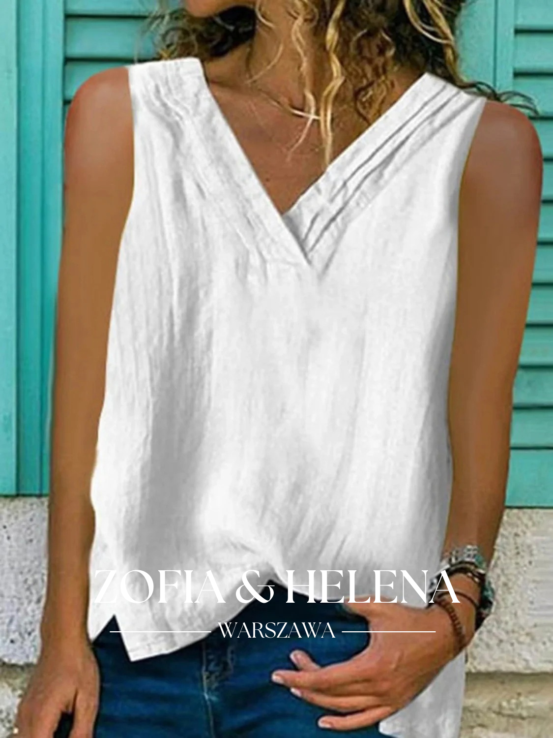 Damska bluzka bez rękawów z dekoltem w serek i rozcięciem na dole