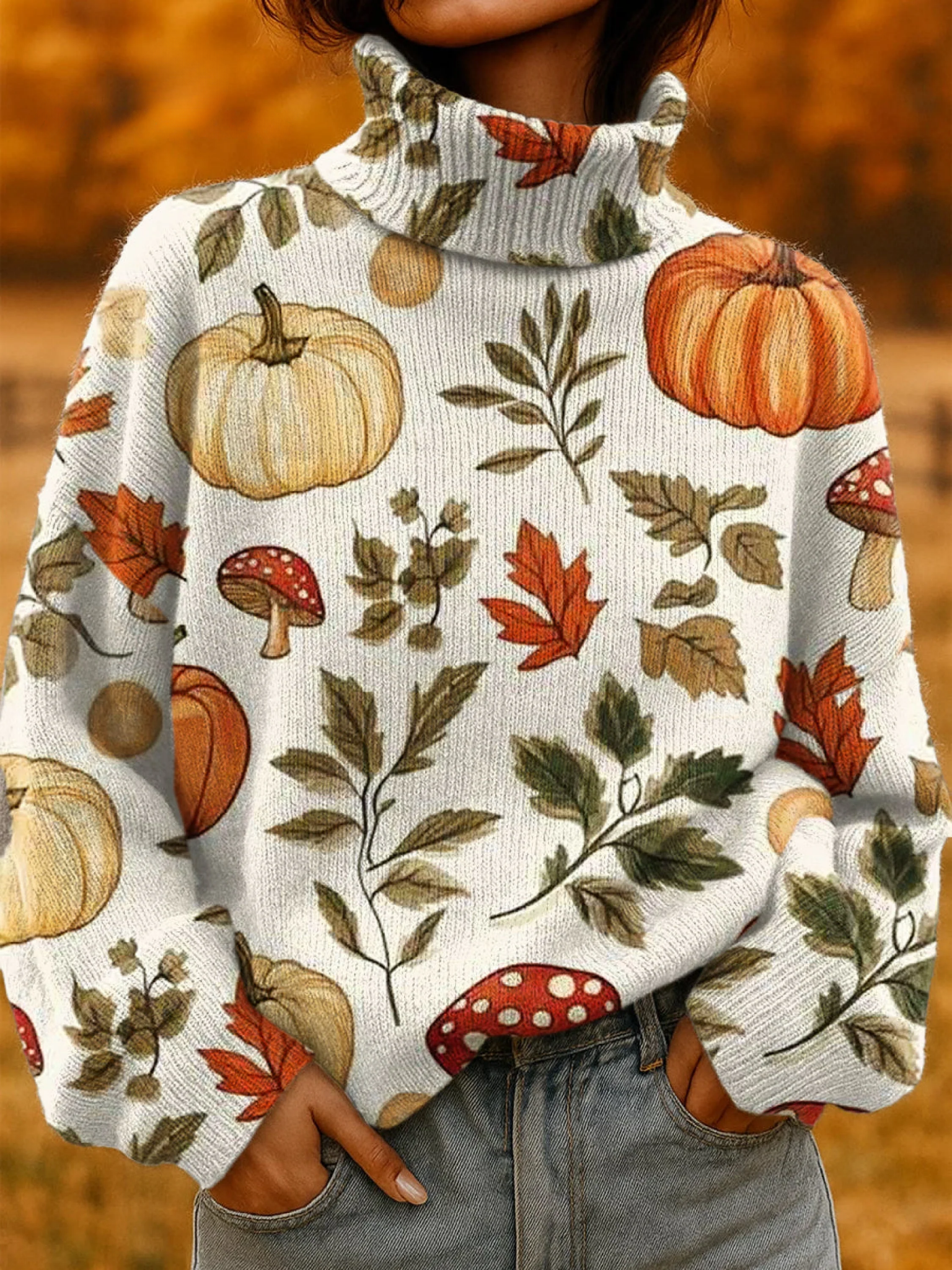 Damski sweter z nadrukiem dyni na jesień