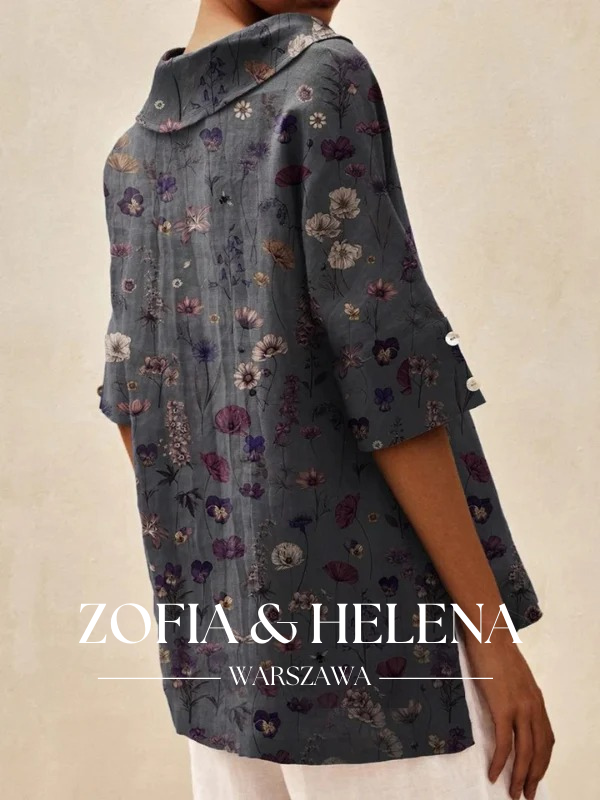 Koszula lniana damska z kwiatowym nadrukiem, casualowa, z dekoltem w serek
