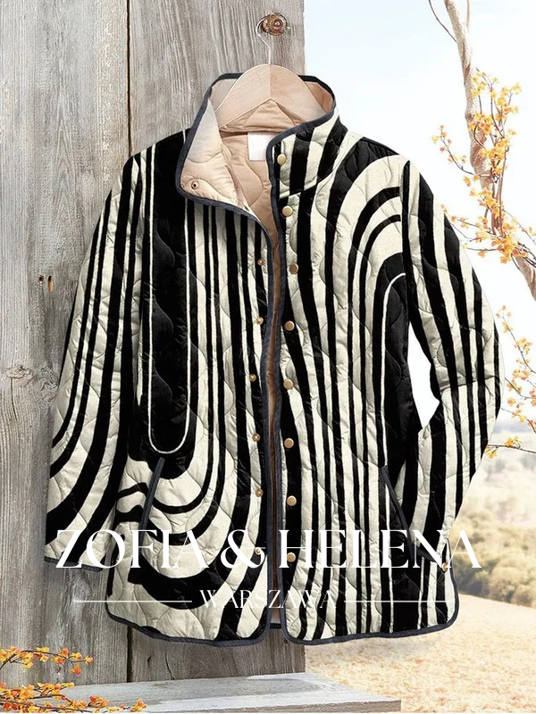 Kobiecą kurtkę casualową z abstrakcyjnym geometrycznym nadrukiem