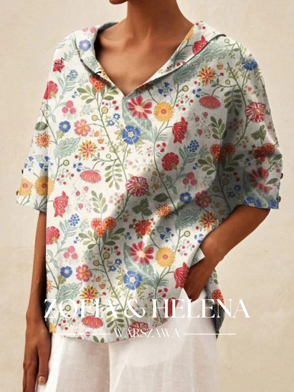 Koszula damska z kwiatowym nadrukiem, casualowa, lniana, z dekoltem w serek
