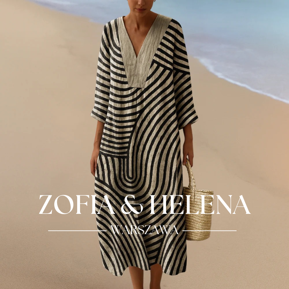 SOFIE | Monochromatyczna maxi sukienka z geometrycznym wzorem – Elegancki krój w czerni i beżu