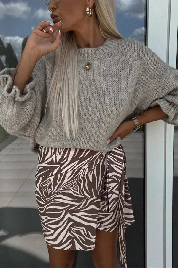 Jednolity kolor okrągły dekolt falbaniasty długi rękaw dzianinowy sweter