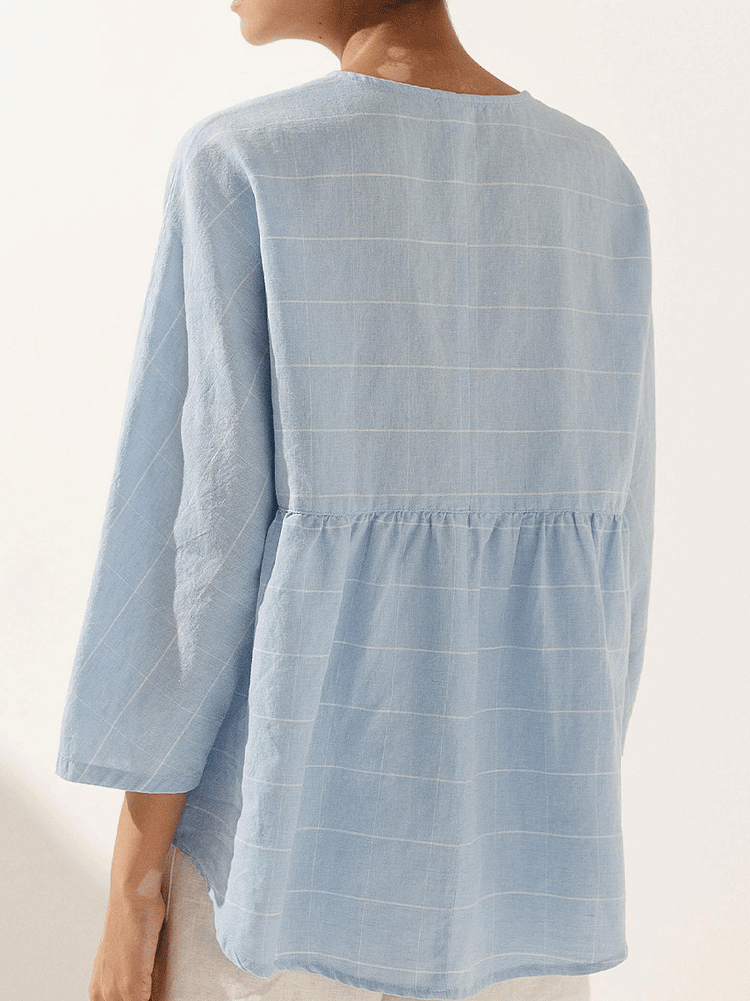 Kobiece casualowe w kratę lniane klasyczne koszule z okrągłym dekoltem zapinane na guziki