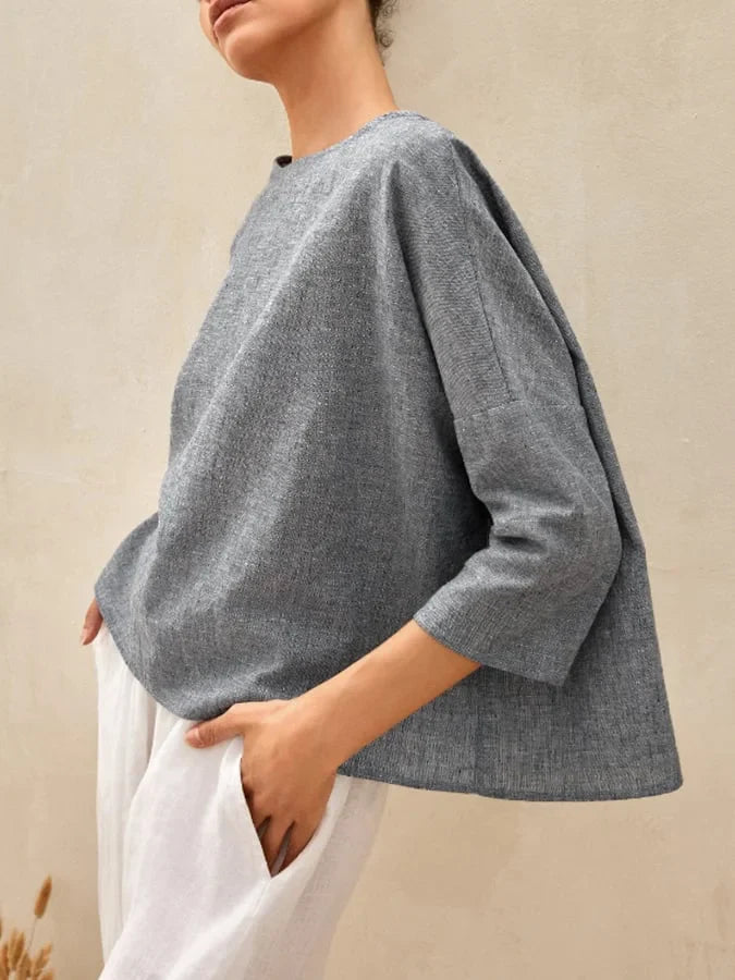 Damska lniana casualowa bluzka z okrągłym dekoltem na długi rękaw