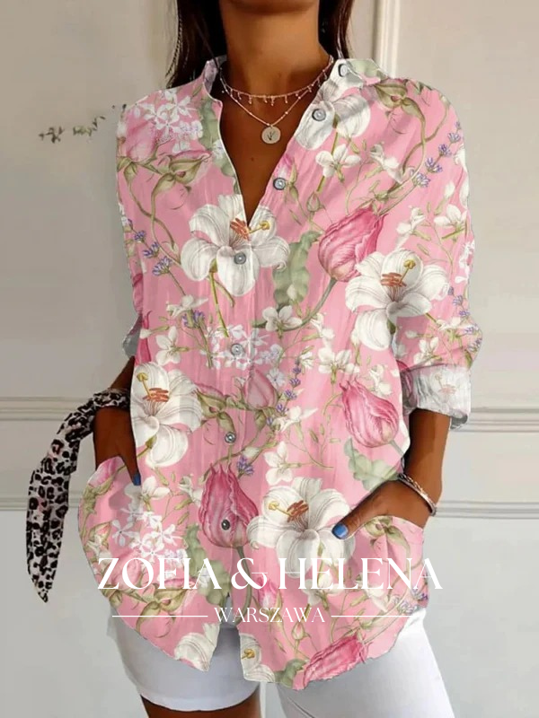 Koszulka damska w stylu vintage z kwiatowym nadrukiem, casualowa, z dekoltem w serek