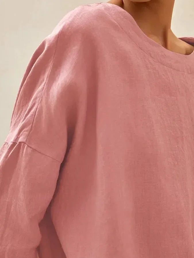 Damska lniana bluzka z łódkowym dekoltem i rękawem trzyczwartkowym