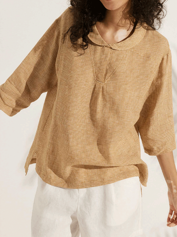 Kobieta Casual Sprawdzony Len Klasyczny Kołnierzyk Lalki Koszula