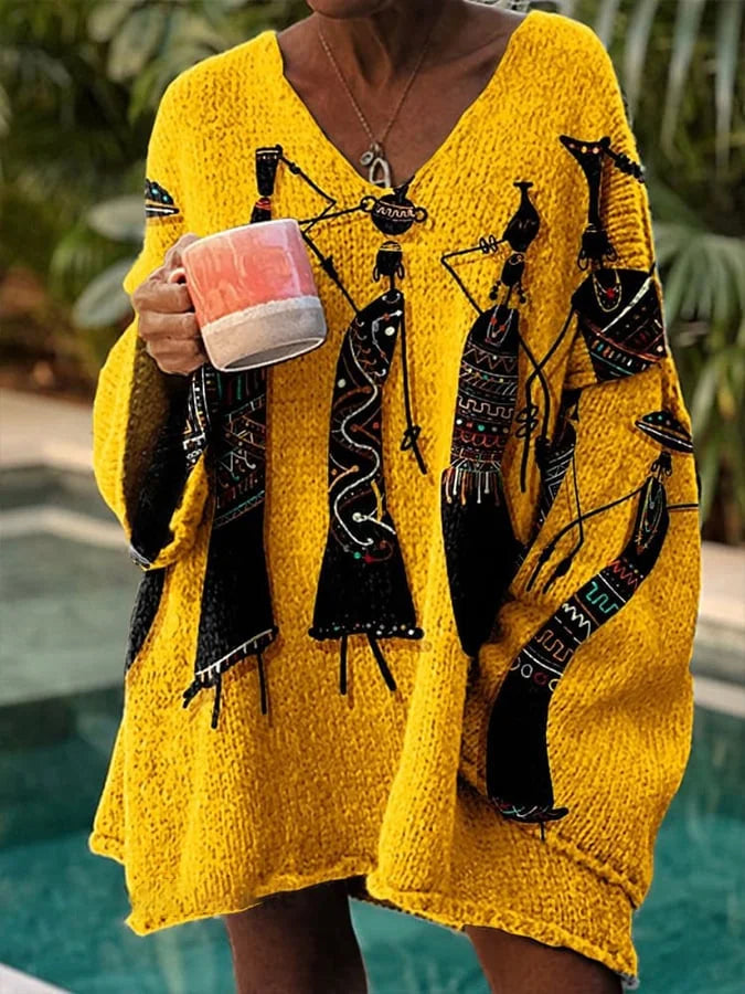 Kobiece Retro Czarne Abstrakcyjne Dance Art Print Luźny Sweter Robiony Na Drutach