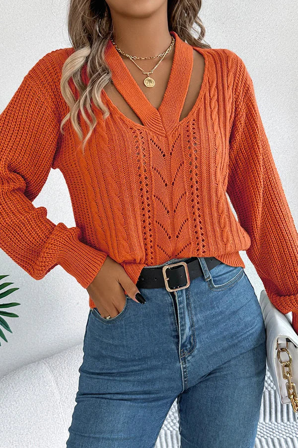 Casual Hollow V-neck Długi rękaw Dzianinowy Sweter