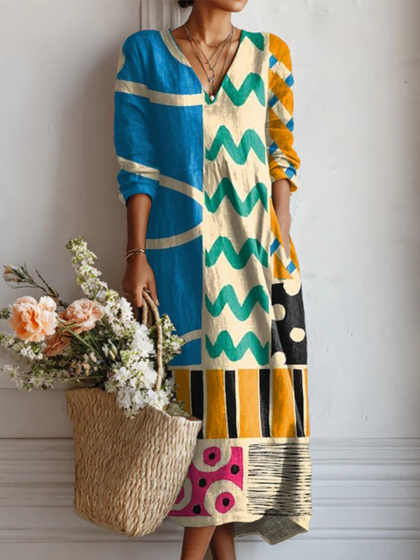 Kobieta Vintage Abstrakcyjna Geometria Sztuka Druk Lniana Sukienka z Kieszeniami