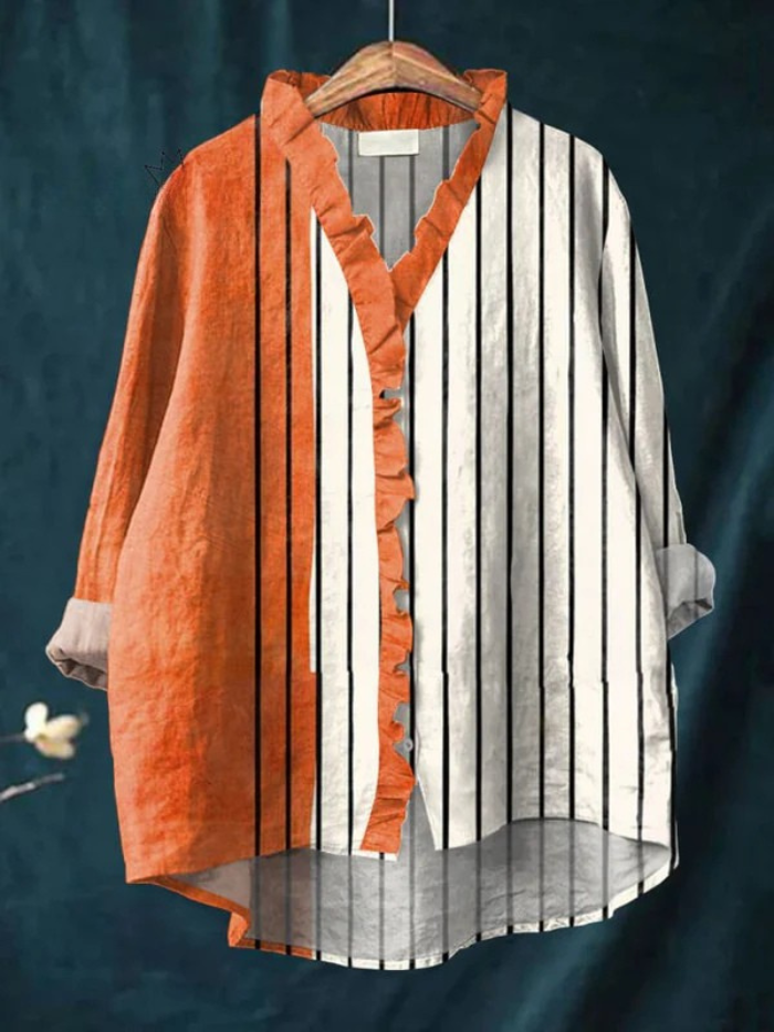 Koszula Damska Vintage Abstrakcyjna Geometria Wydruk Casual Bawełna I Len Z Falbanką