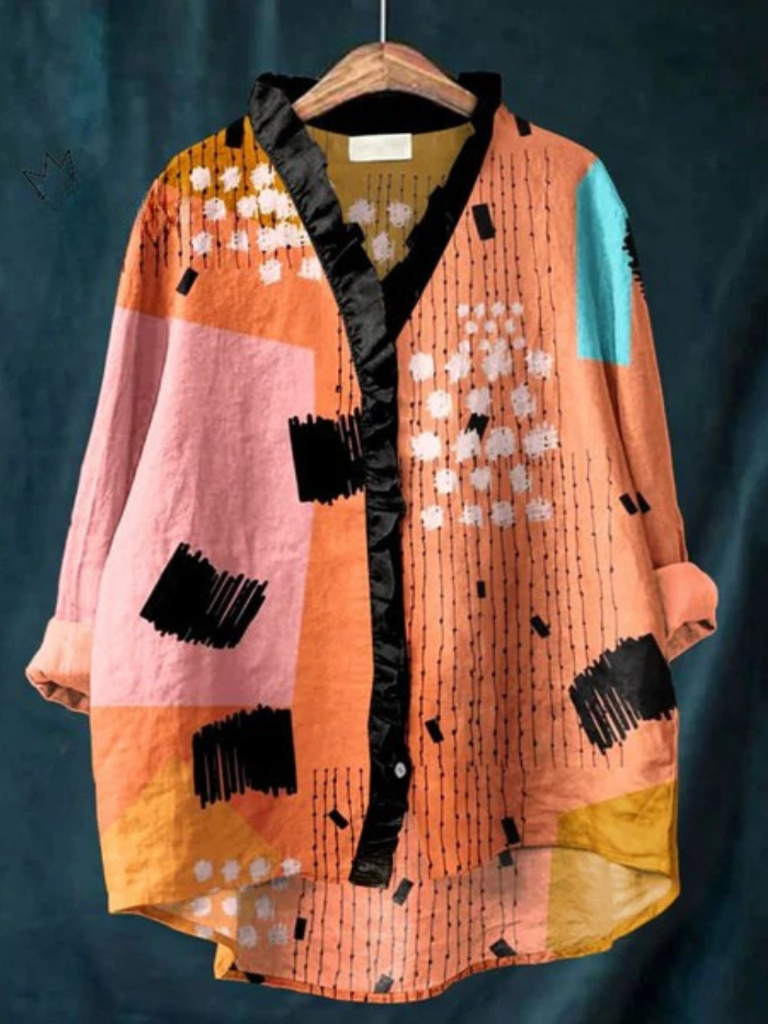 Koszula Damska Vintage Abstrakcyjne Geometryczne Linie Wydruk Casual Bawełnowo-Lnianą Koszulę z Falbanką