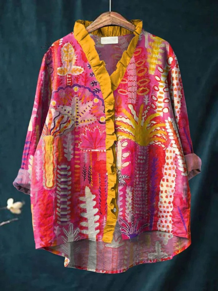 Koszulka Ruffle z Kolorowym Drzewem dla Kobiet, Wykonana z Bawełny i Lnu