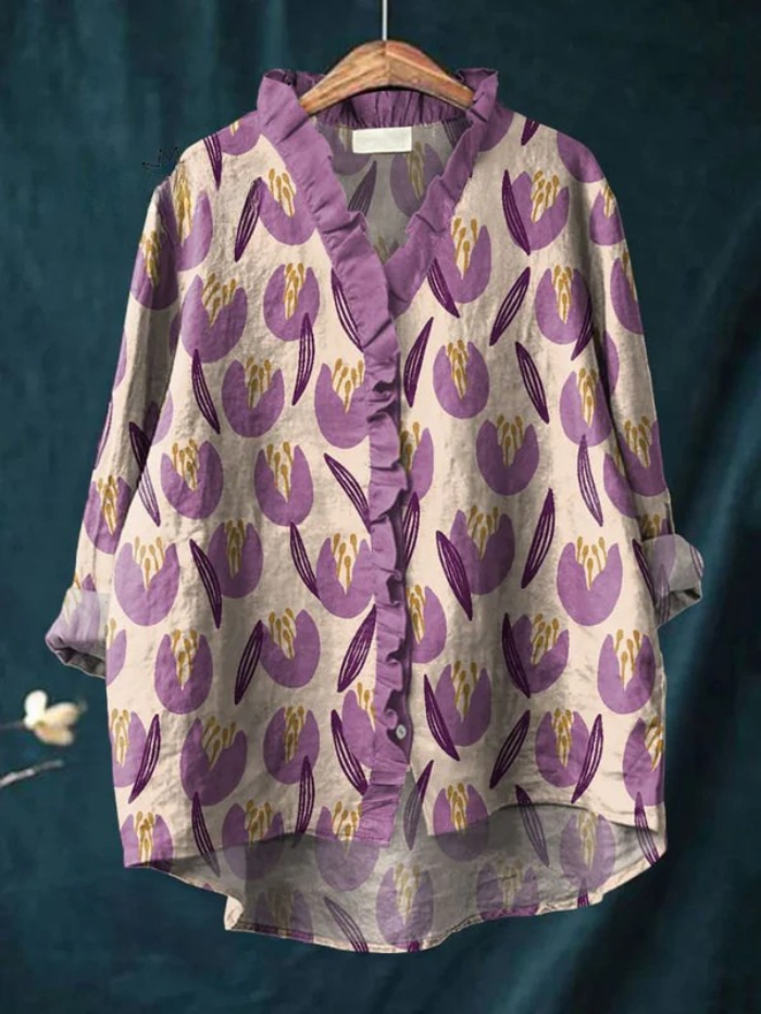 Koszula Damska w Stylu Vintage z Kwiatowym Wzorem, Casual, Bawełniana i Lniana z Falbanką