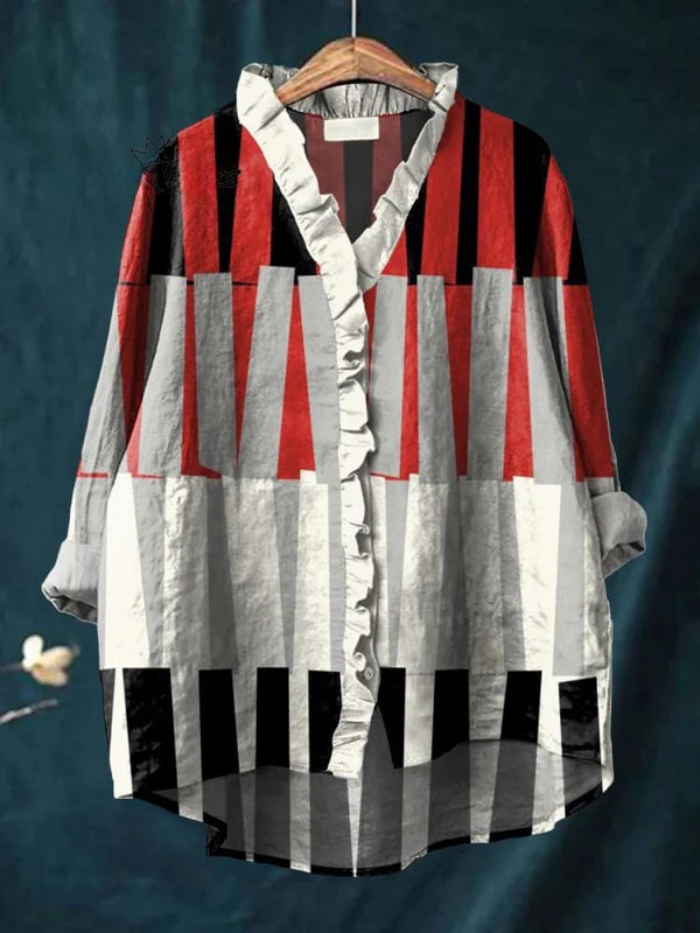 Koszula Damska z Kolorowym Blokiem i Rysunkiem w Stylu Liniowym z Rękawem Ruffles z Bawełny i Lnu