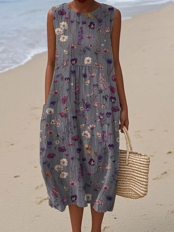 Kobiecą Vintage Kwiatową Sztukę Drukowaną Bez Rękawów Sukienkę z Kieszeniami z Bawełny