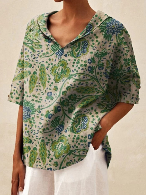 Kobiece Koszulki lniane z nadrukiem kwiatowym w stylu casual V-neck