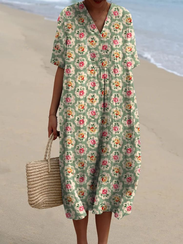 Kobieca Wintage Kwiatowa Grafika Casual Luźna Sukienka Lniana