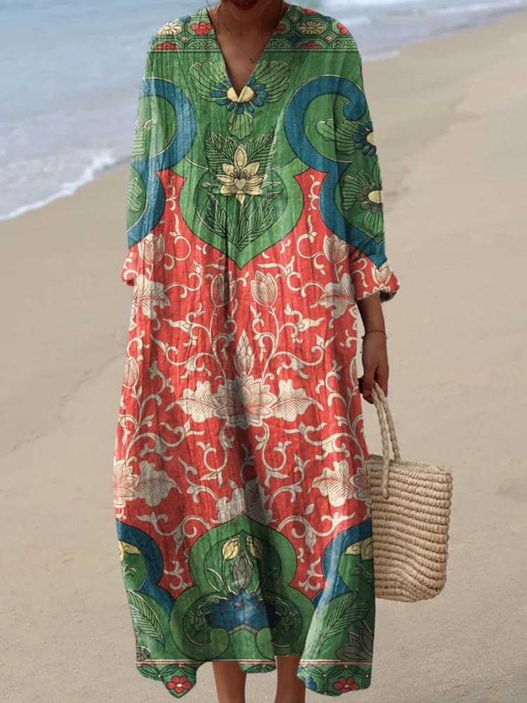 Kobieca Vintage Urocza Sukienka Lnianą z Kwiatowym Wzorem