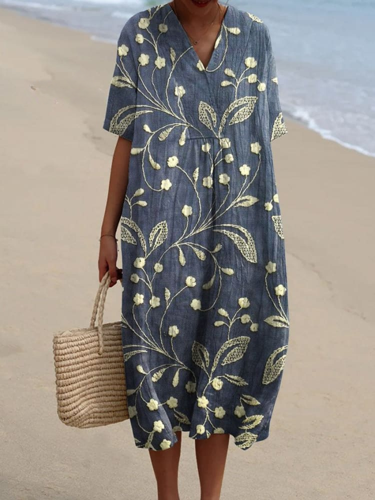 Damska Sukienka w Stylu Retro z Kwiatowym Wzorem, Luźna i Lnianą