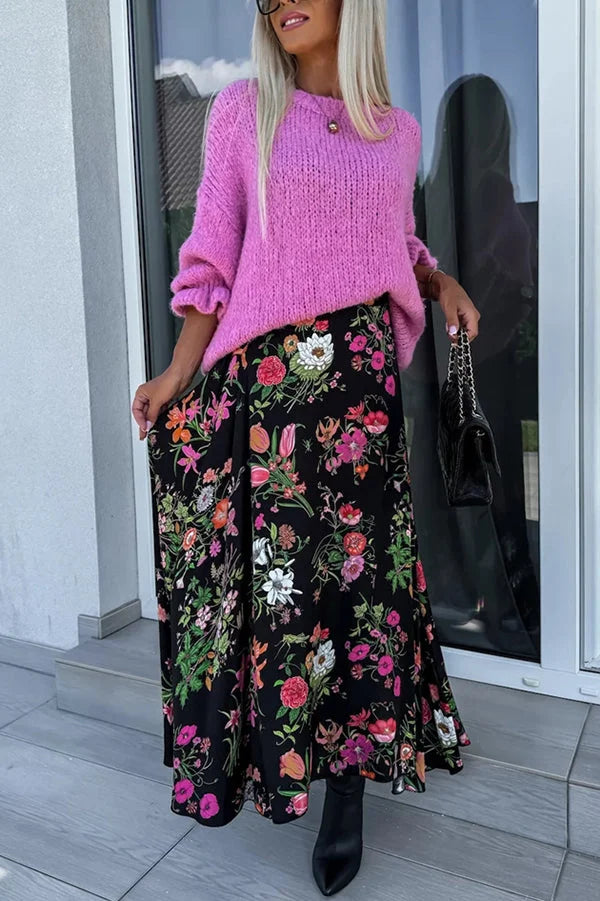 Jednolity kolor okrągły dekolt falbaniasty długi rękaw dzianinowy sweter