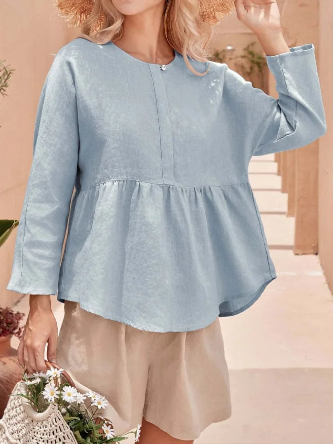 Damska lniana bluzka z długim rękawem typu crew neck