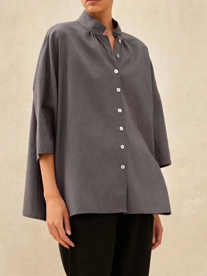 Kobieta Lniana Casual Guzik Gładki Kolor Bluzka