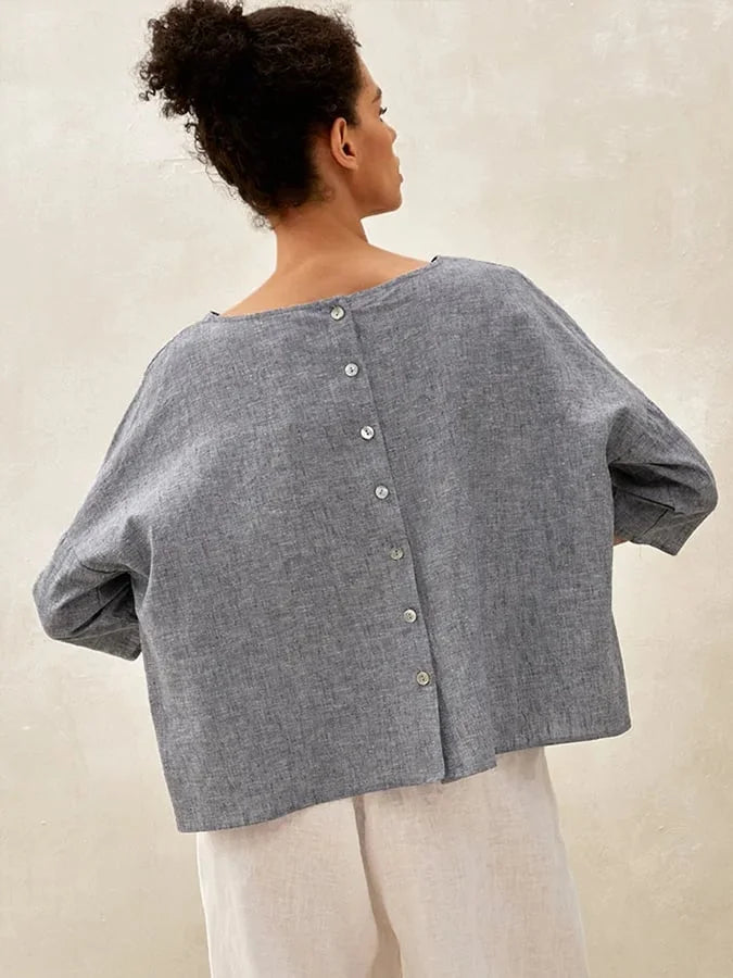 Damska lniana casualowa bluzka z okrągłym dekoltem na długi rękaw