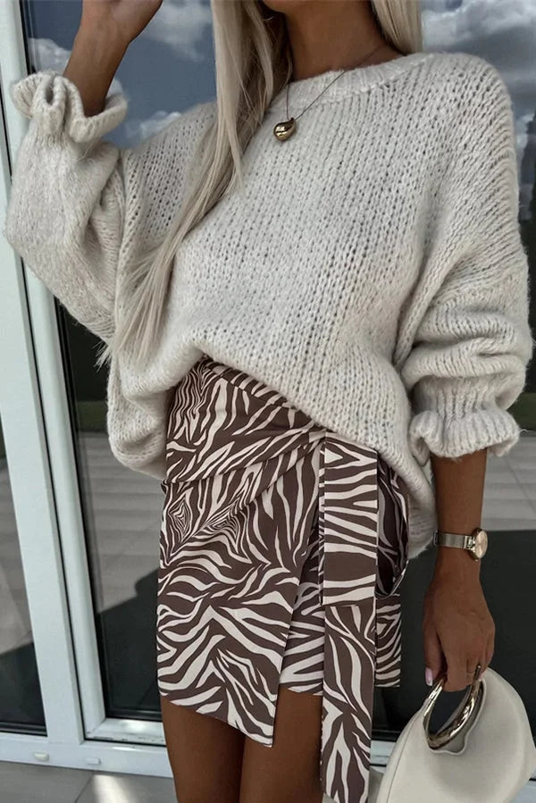 Jednolity kolor okrągły dekolt falbaniasty długi rękaw dzianinowy sweter