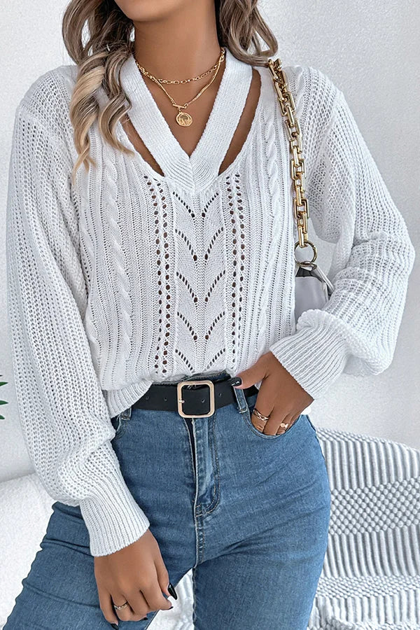 Casual Hollow V-neck Długi rękaw Dzianinowy Sweter