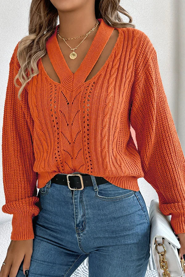 Casual Hollow V-neck Długi rękaw Dzianinowy Sweter
