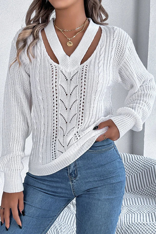 Casual Hollow V-neck Długi rękaw Dzianinowy Sweter