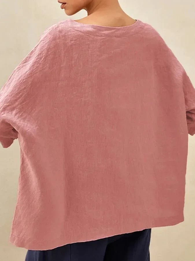 Damska lniana bluzka z łódkowym dekoltem i rękawem trzyczwartkowym