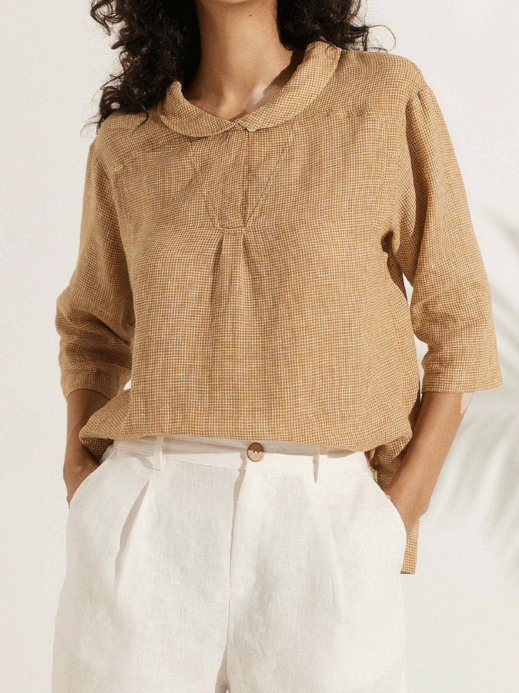 Kobieta Casual Sprawdzony Len Klasyczny Kołnierzyk Lalki Koszula