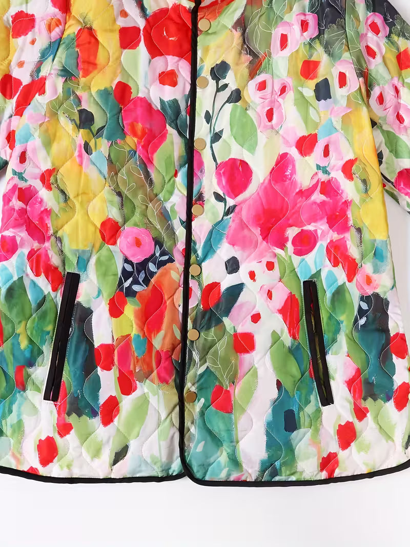 Damska Pikowana Kurtka w Stylu Retro z Kwiatowym Wzorem